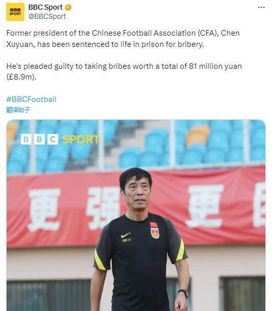 BBC报道陈戌源案：前中国足协主席陈戌源因受贿罪被判无期徒刑